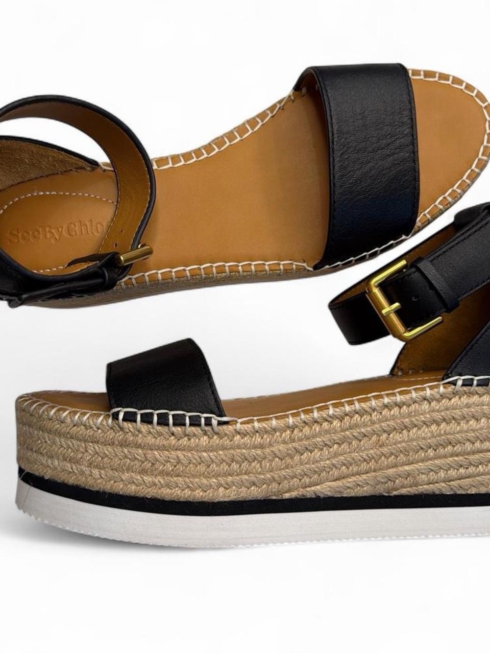 See By Chloe Black Leather Espadrille Platform Sandals with Gold Buckle